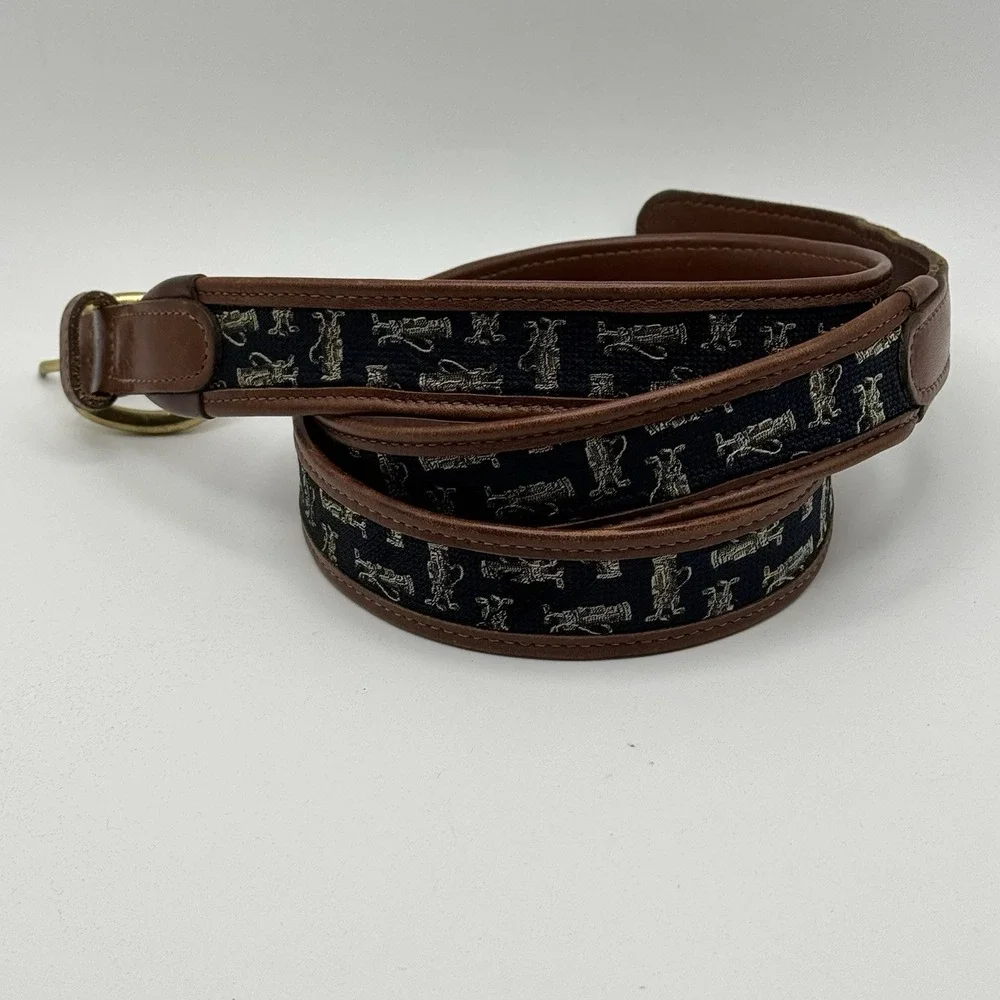 Brooks Brothers Golf Print Leather Canvas Belt Solid Brass Buckle Brown 42